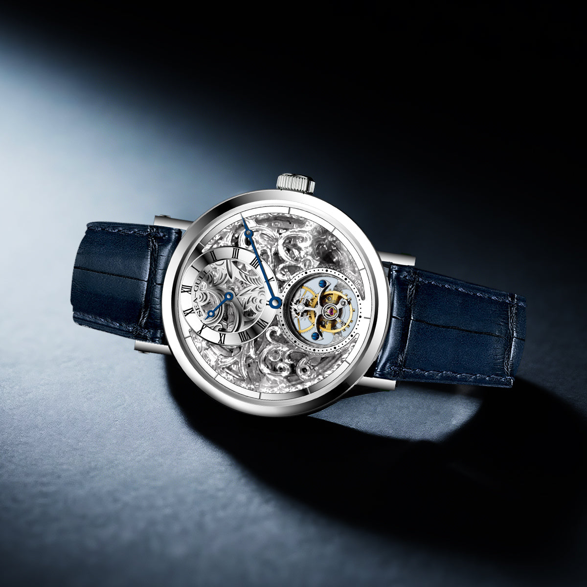 Tourbillon excéntrico | Grabado a mano | Esfera con patrón de vid | Esqueleto | Regulador | 39mm