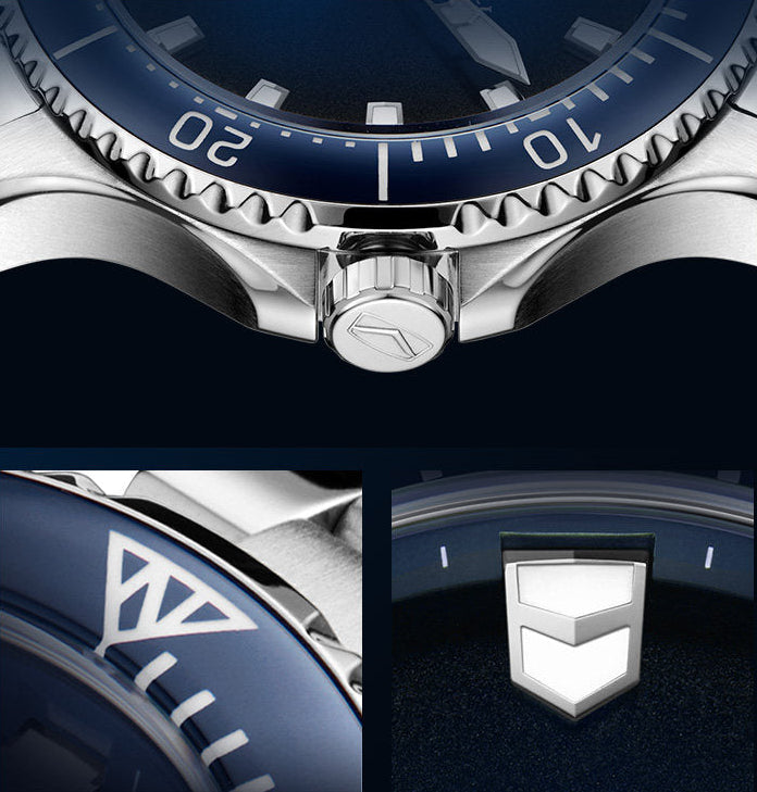 Close-up promotional view of a wristwatch with a dark blue dial and bezel, silver metal case, and white Chinese text at the top on a dark blue background.