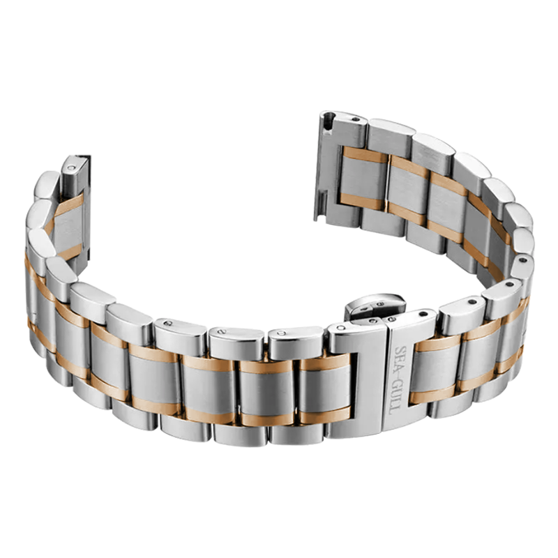 Two-tone silver and rose gold watch strap on a white background
