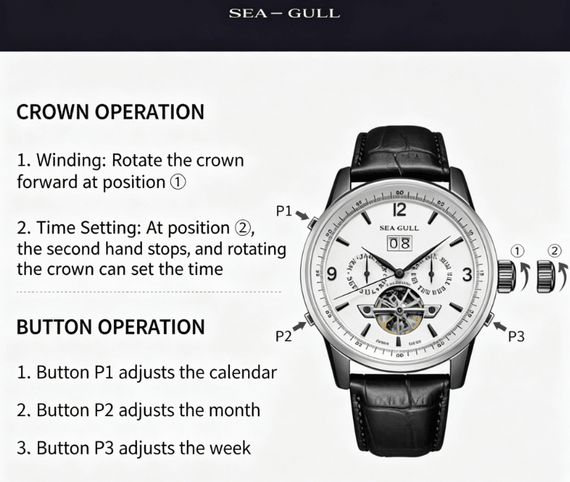 Skeleton | Open Heart | Complete Calendar | Week Display | 43mm - Sea-Gull Watch Official Store