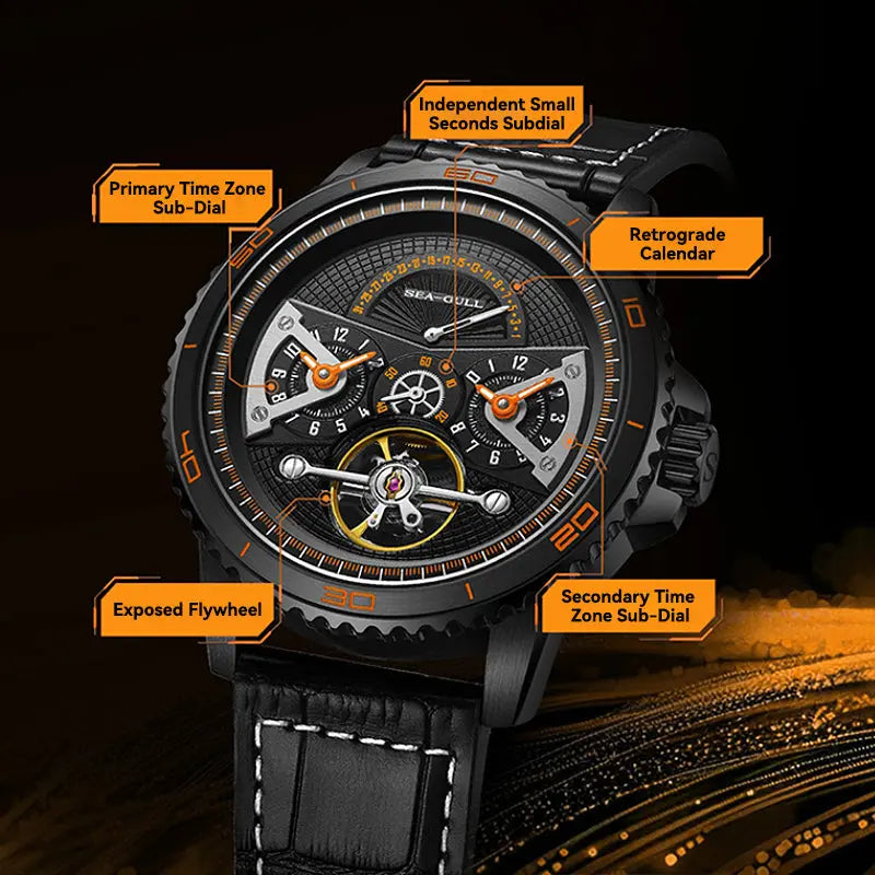 Dual Time Zone | GMT | Retrograde Calendar | Flywheel | 44mm Sea-Gull