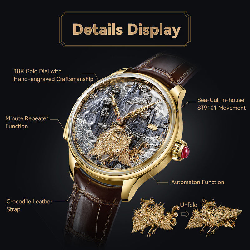 Tourbillon | Three-Legged Golden Crow | Minute Repeater | Gold-Engraved | Automaton | 46mm Sea-Gull