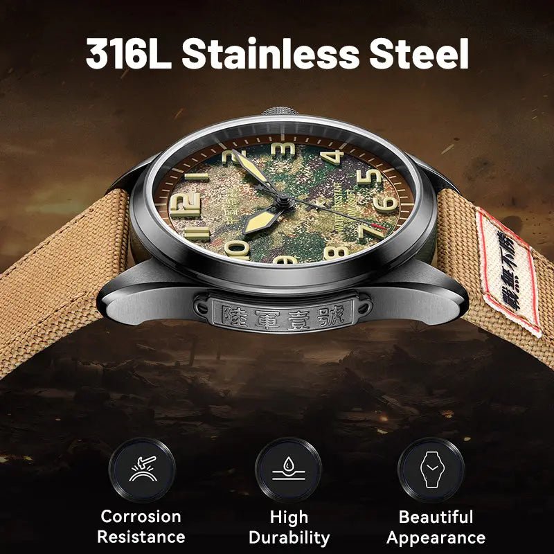 Réédition | Cadran camouflage | Montre militaire | Vintage | Lumineux | 43mm Sea-Gull