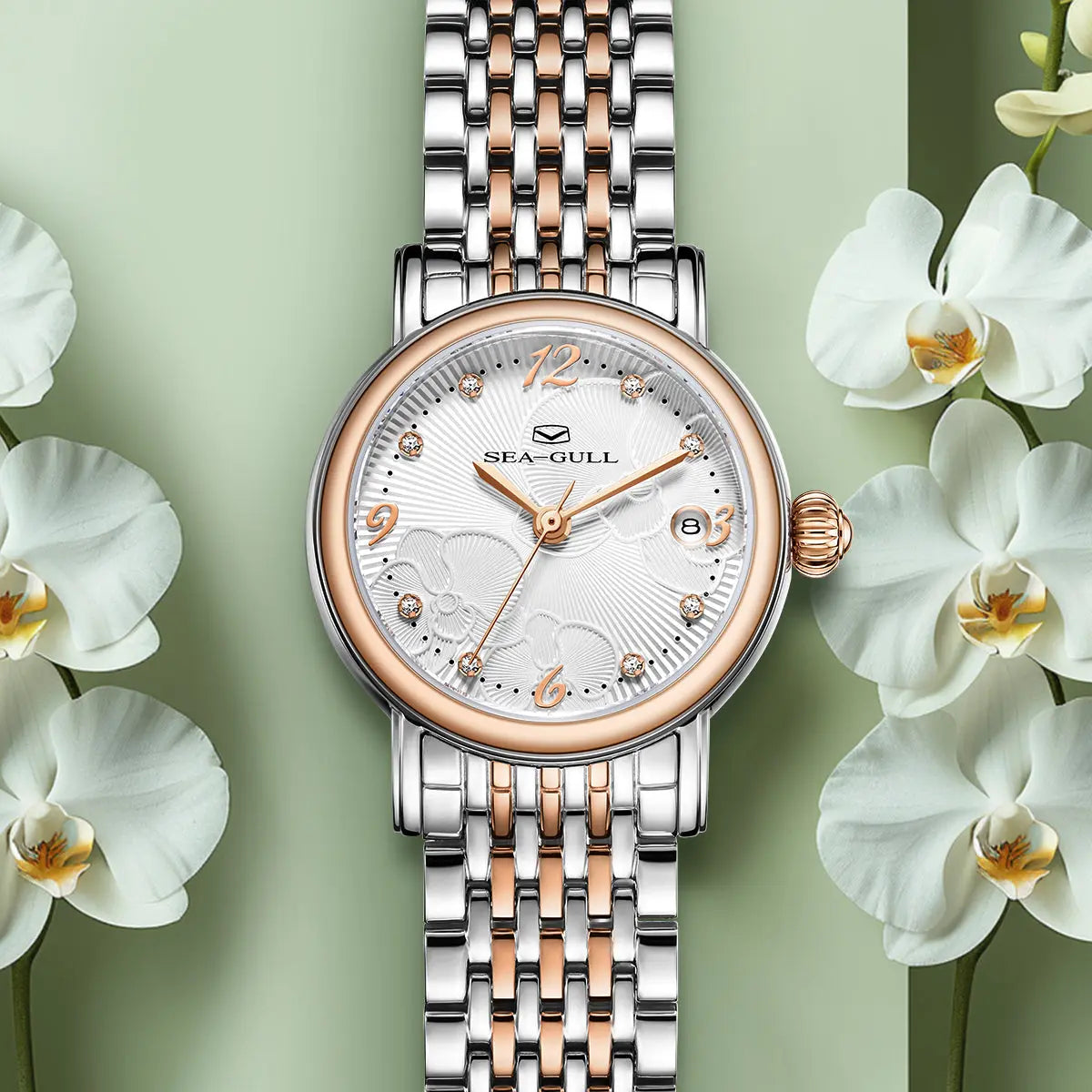 Flower Dial | Calendar | Moth Orchids Pattern | 27mm Sea-Gull