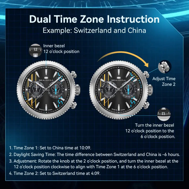 Shuke & Beita Collaboration | Pilot | Dual Time Zone | GMT | Calendar | Luminous | 43mm Sea-Gull