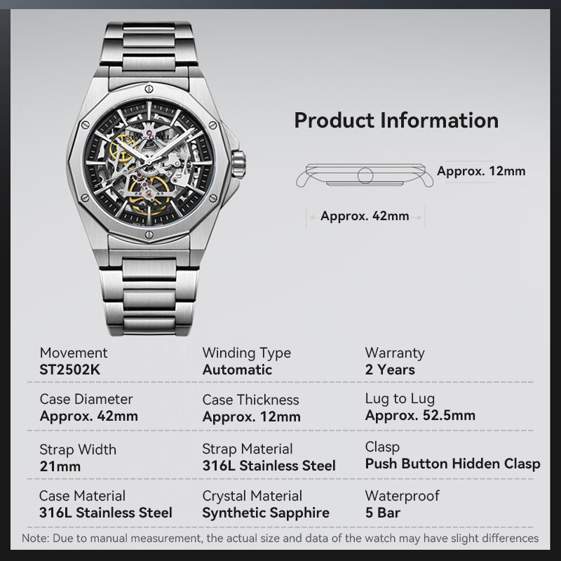 Série Edge | Squelette | Bracelet en acier inoxydable | 42mm