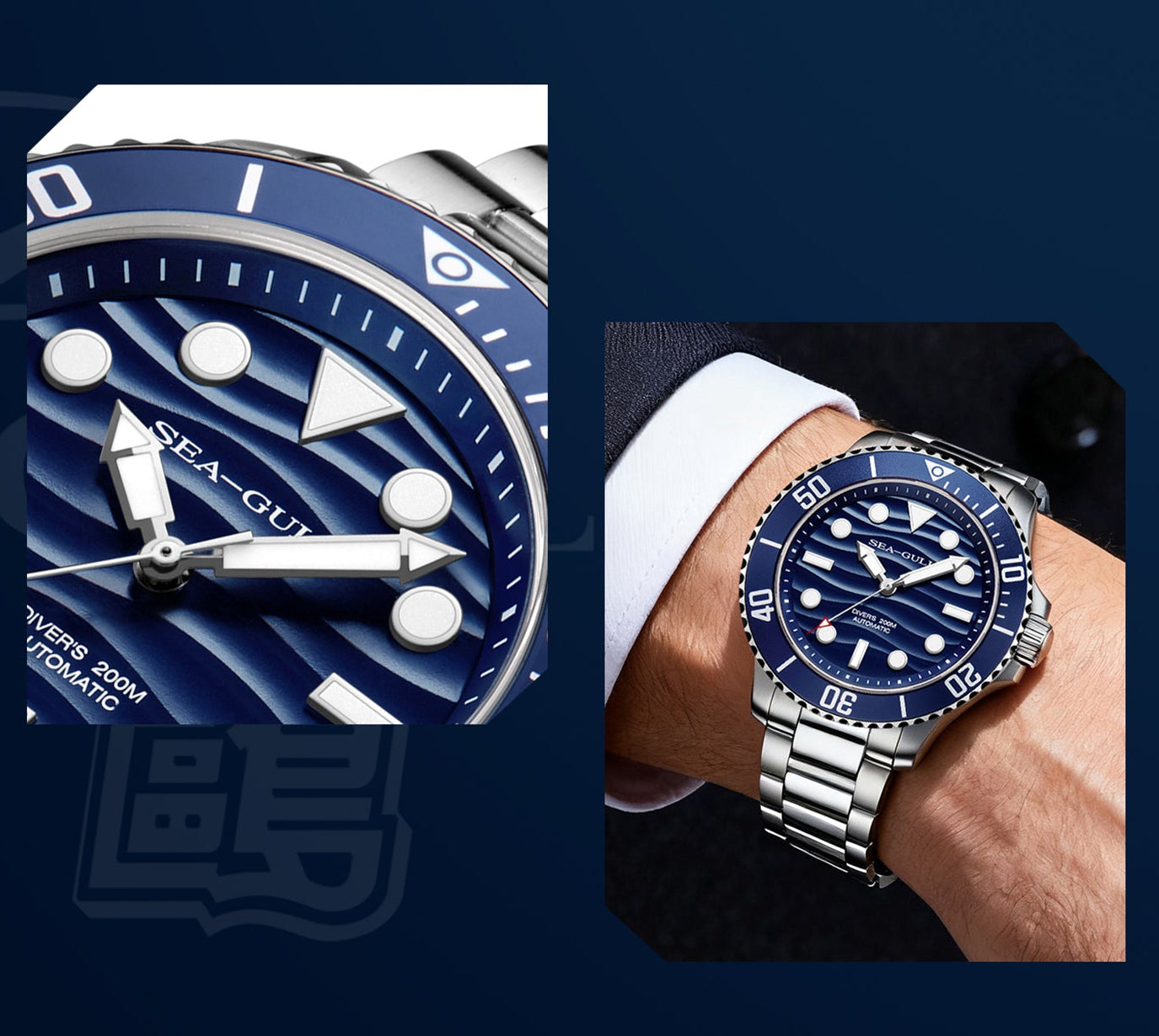 Four wristwatch close-ups arranged across a dark blue background, including two white dial watches and two blue dial watches, some shown on a wrist.