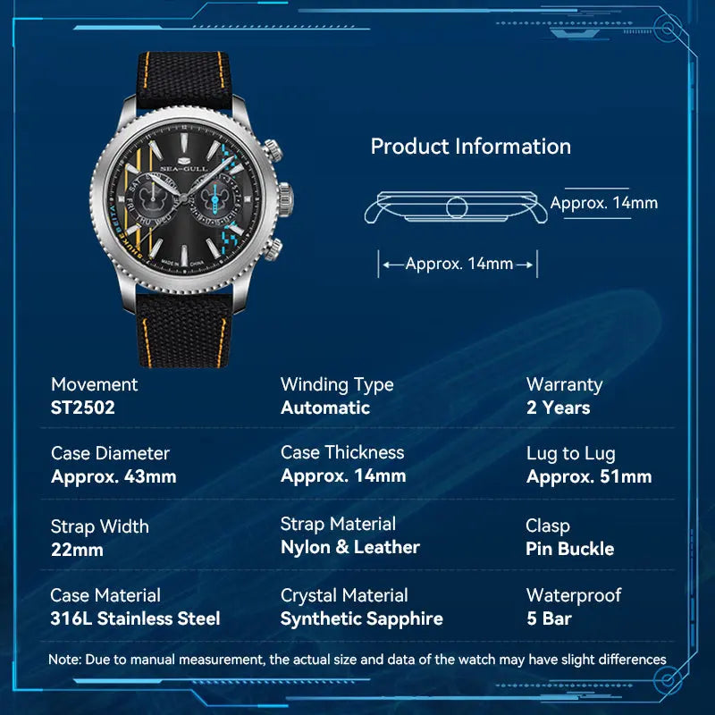 Shuke & Beita Collaboration | Pilot | Dual Time Zone | GMT | Calendar | Luminous | 43mm Sea-Gull