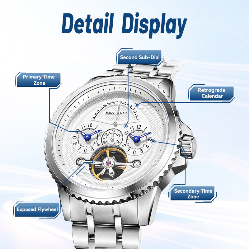 Dual Time Zone | Retrograde Calendar | Flywheel | 44mm Sea-Gull