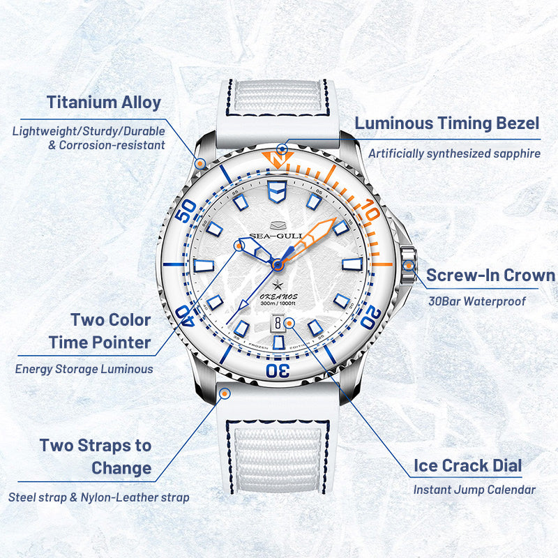 Serie Oceánica Pro | Ala de Hielo | Titanio | 300m Impermeable | 43mm