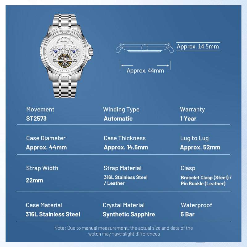 Dual Time Zone | Retrograde Calendar | Flywheel | 44mm Sea-Gull