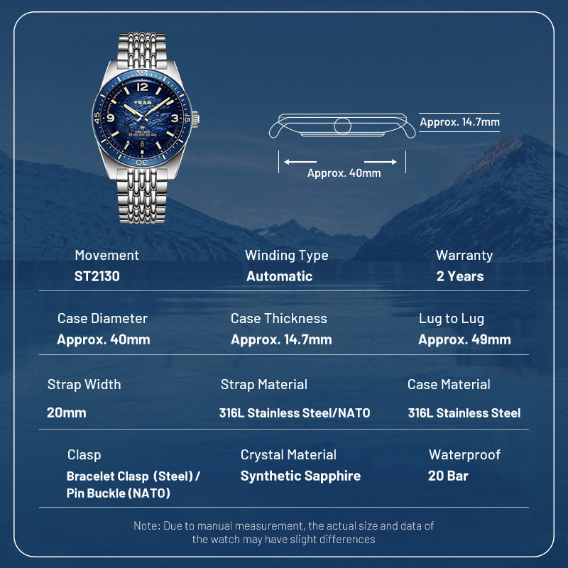 Ocean Series | 1984 Antarctic Expedition | 200m Waterproof | Calendar | Luminous | Dive | 40mm
