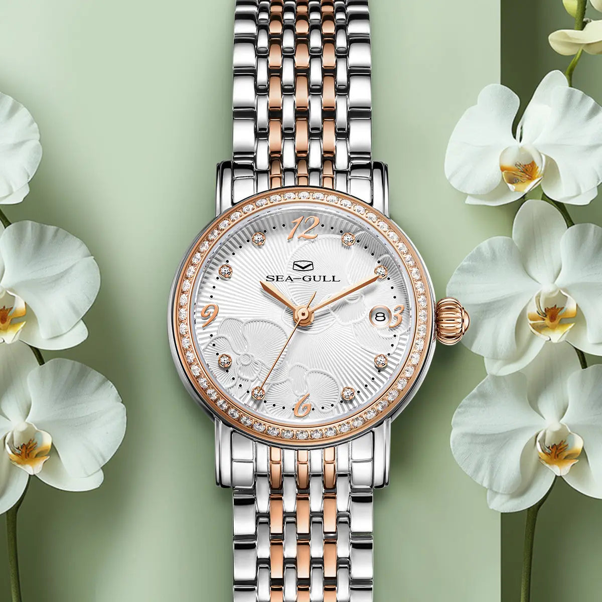 Flower Dial | Calendar | Moth Orchids Pattern | 27mm Sea-Gull