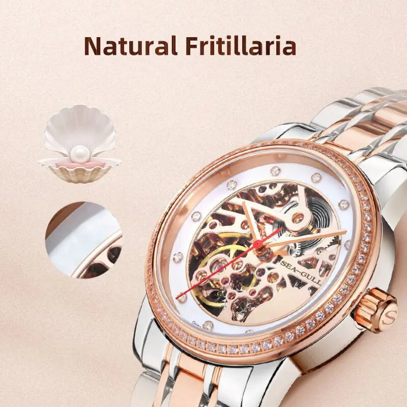 Elegant skeleton watch with natural fritillaria dial, diamond bezel, and rose gold accents