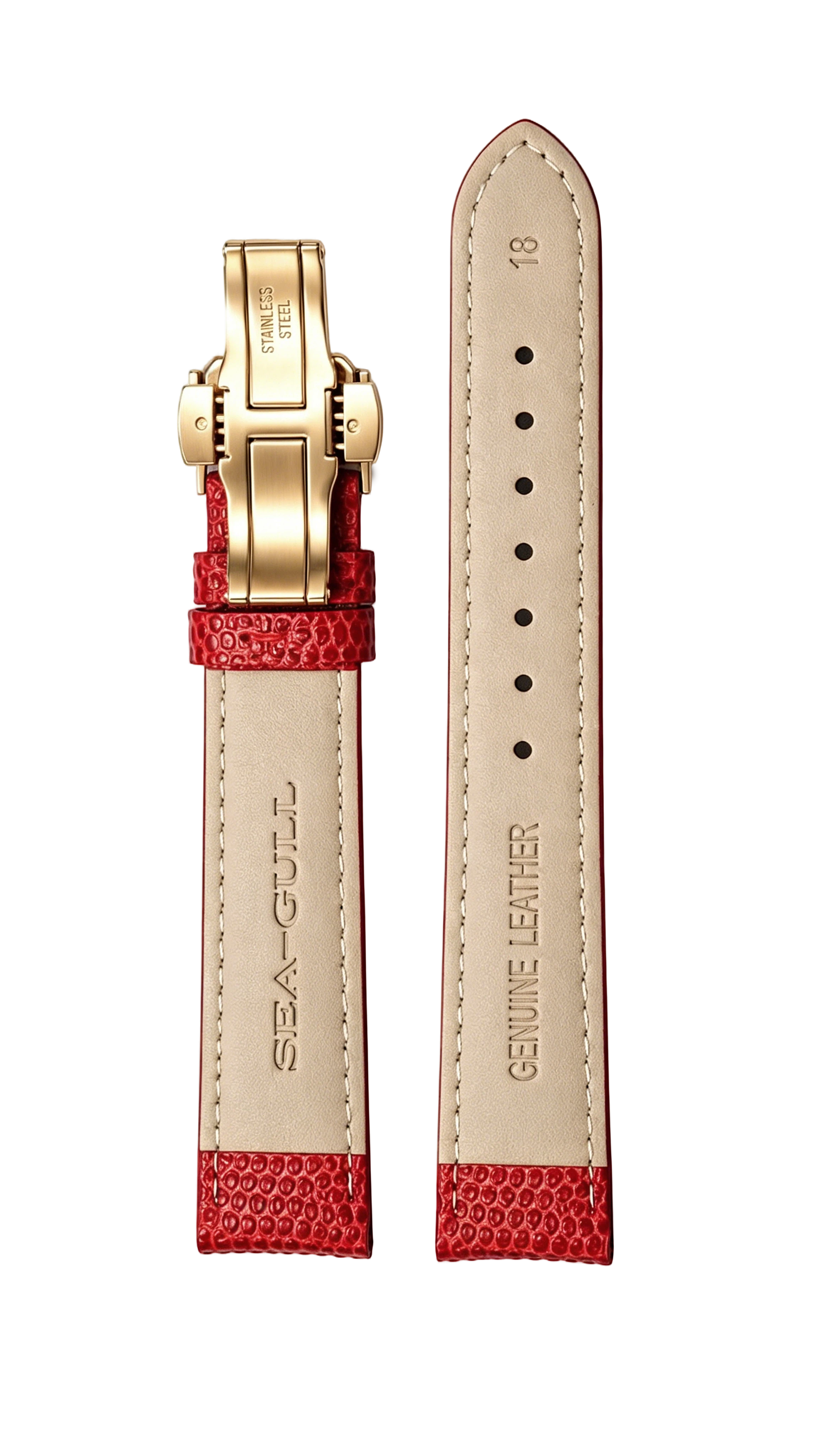Red and beige watch strap with gold clasp on a white background