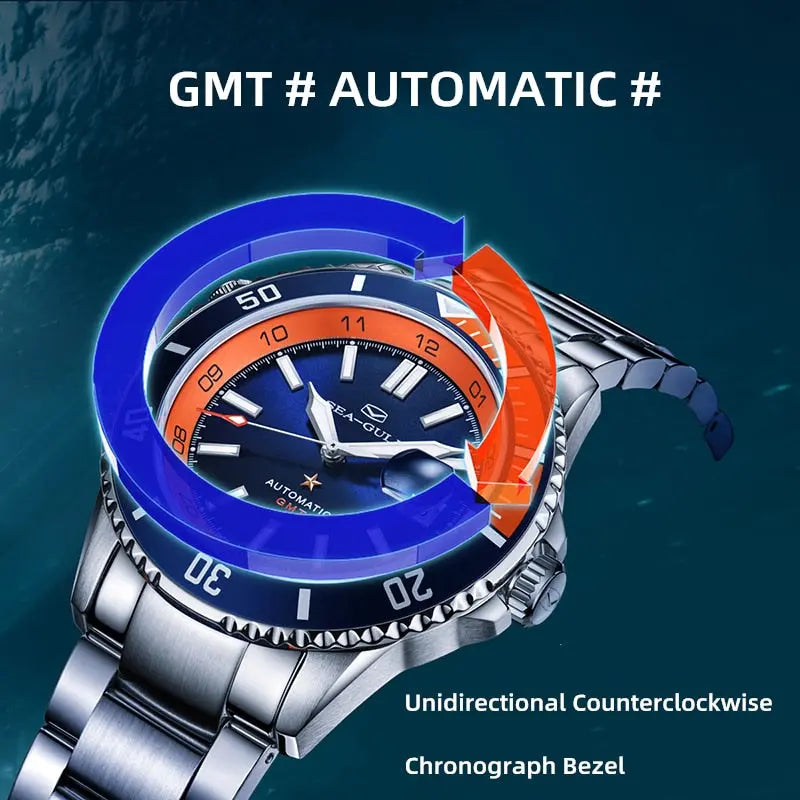 Ocean Series | Dual Time Zone | GMT | 200M Waterproof | Luminous | Calendar | 43.5mm Sea-Gull