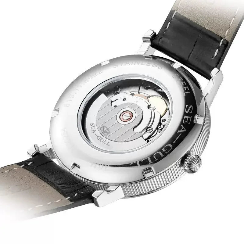 Sea-Gull watch with visible mechanical movement and stainless steel case