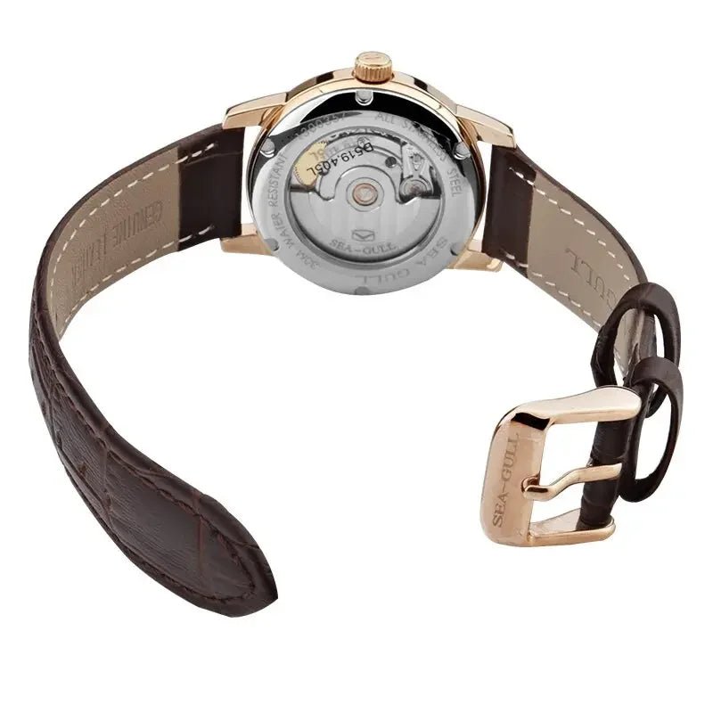 Sea-Gull-Uhr mit sichtbarem mechanischem Uhrwerk, braunem Lederarmband und goldener Schließe