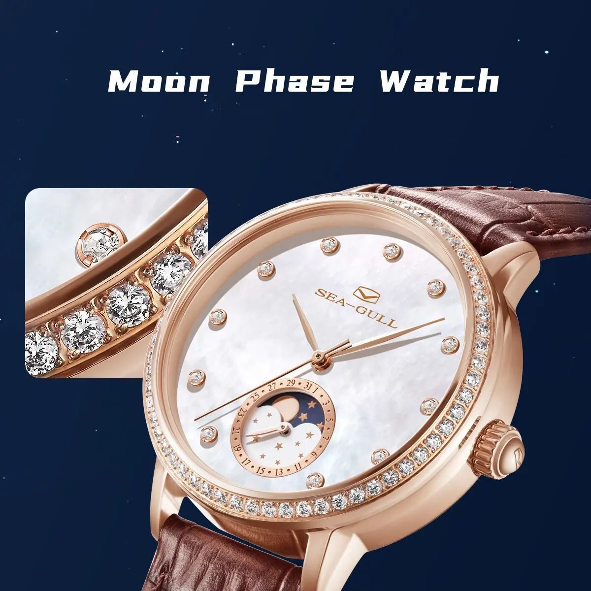 Moon Phase | Lujo | Retro | Esfera de nácar | 34mm Sea-Gull