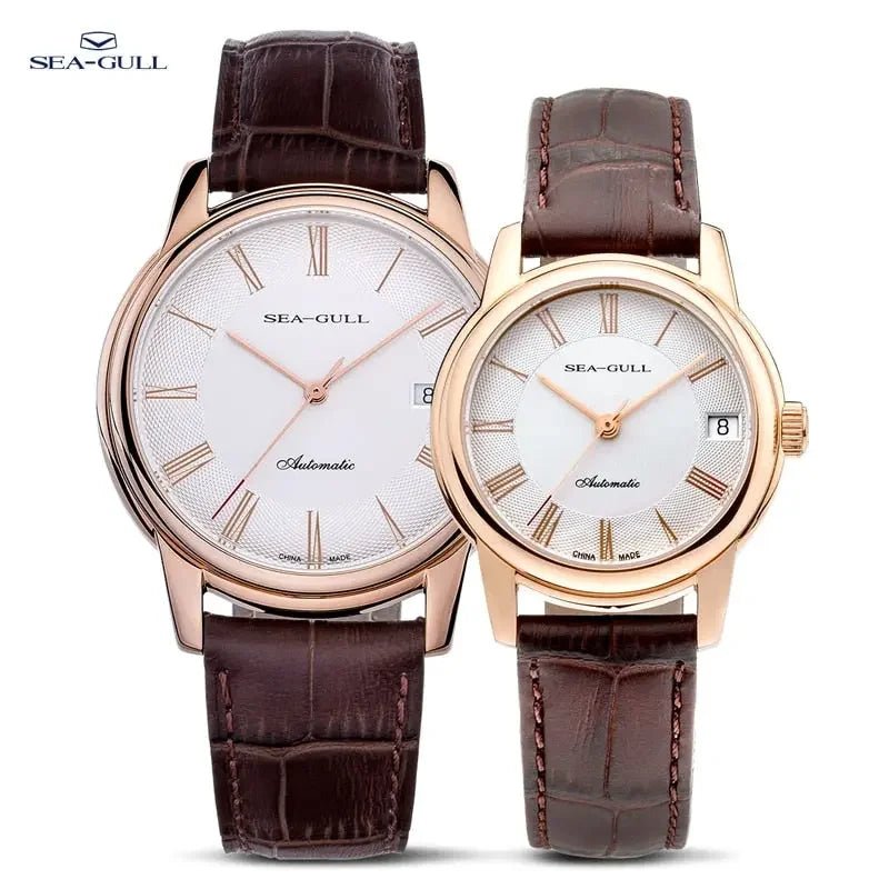 Elegant Sea-Gull-Automatikuhren mit braunen Lederarmbändern und Zifferblättern mit römischen Ziffern