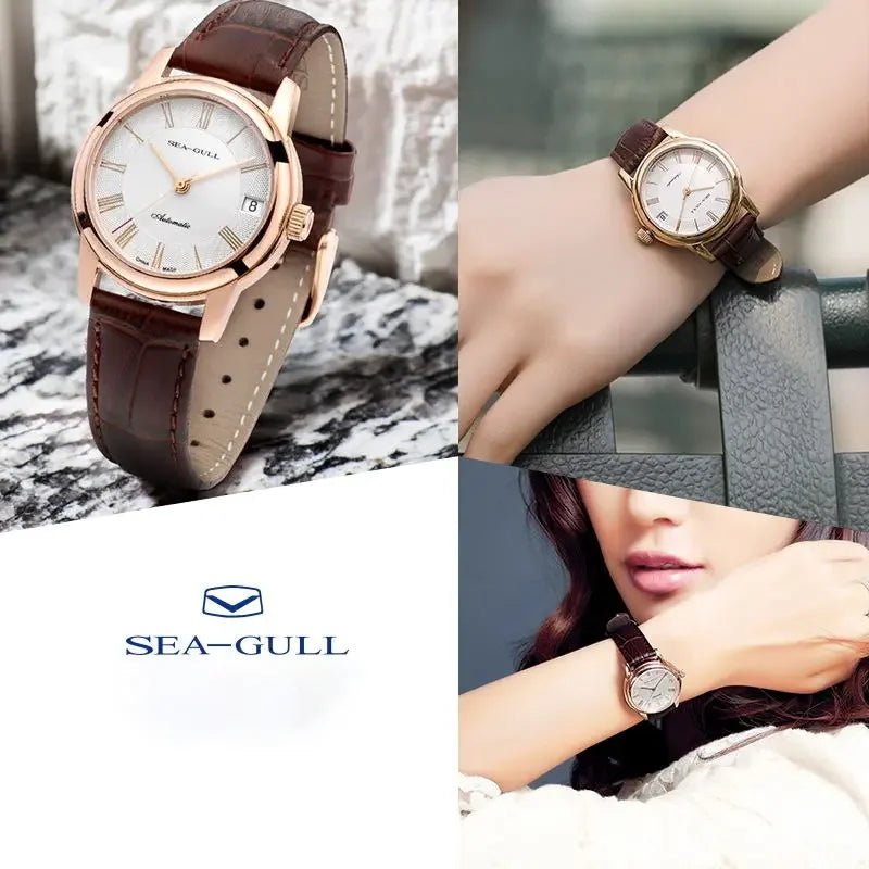 Elegante Sea-Gull-Automatikuhr mit braunem Lederarmband, am Handgelenk und auf Marmorfläche gezeigt.