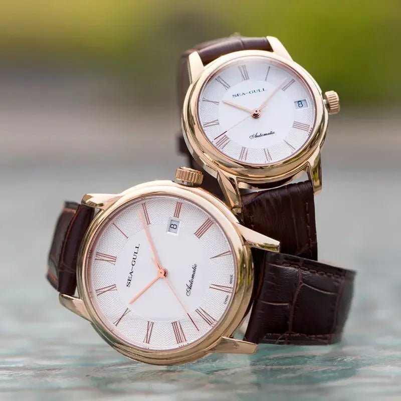 Elegant Sea-Gull-Automatikuhren mit römischen Ziffern und braunen Lederarmbändern