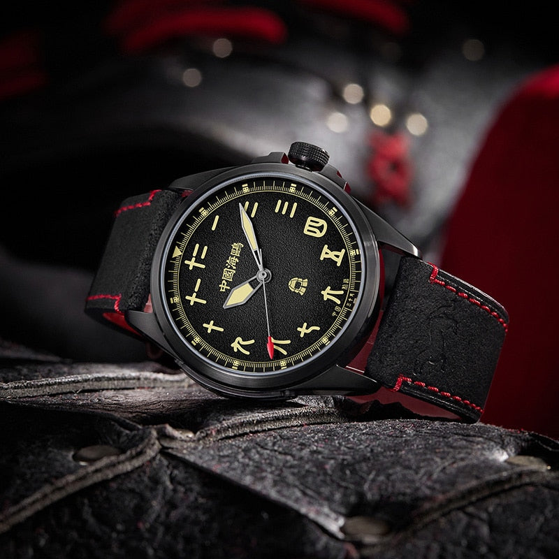Vintage | Quadrante in Stile Cinese | Luminoso | Edizione Guerriero Nero | 43mm