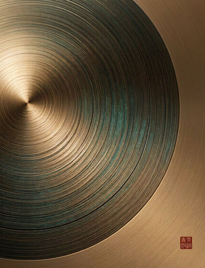 A close-up of a circular brushed metal surface with concentric ring texture in warm metallic gold and bronze tones, with a small red square stamp in the lower right corner.
