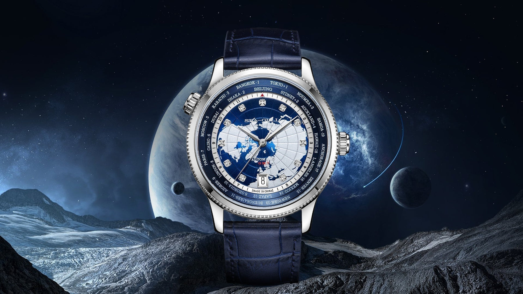 Blue-dial mechanical watch product shot