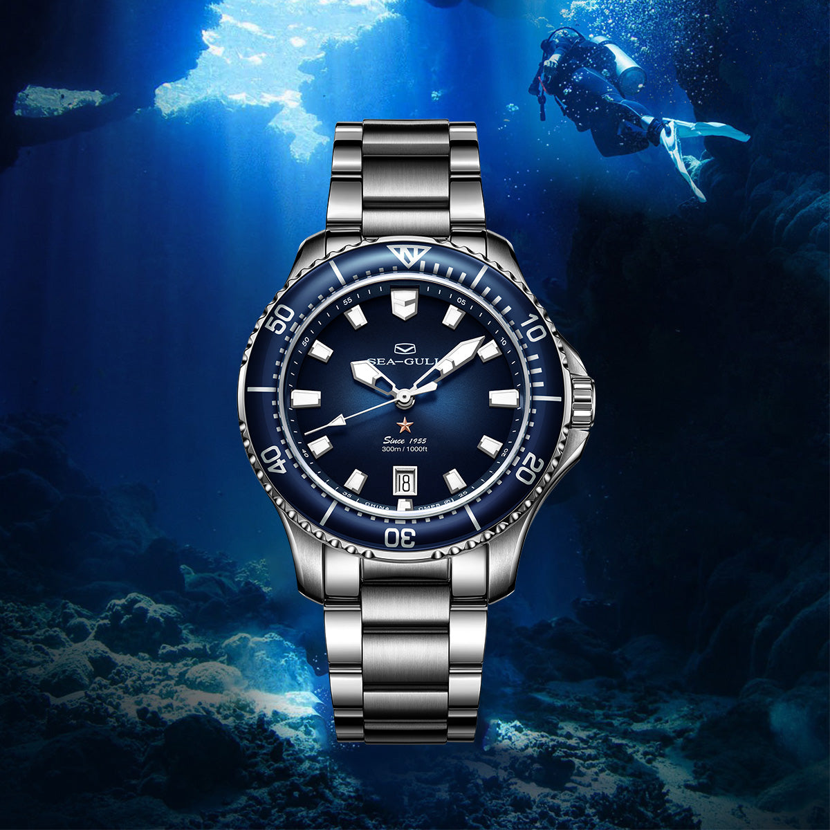 Ocean Series PRO | 300M Impermeabile | Immersione | Luminoso | Calendario | 41mm