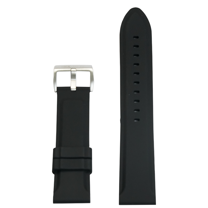 Black watch strap with silver buckle on a white background