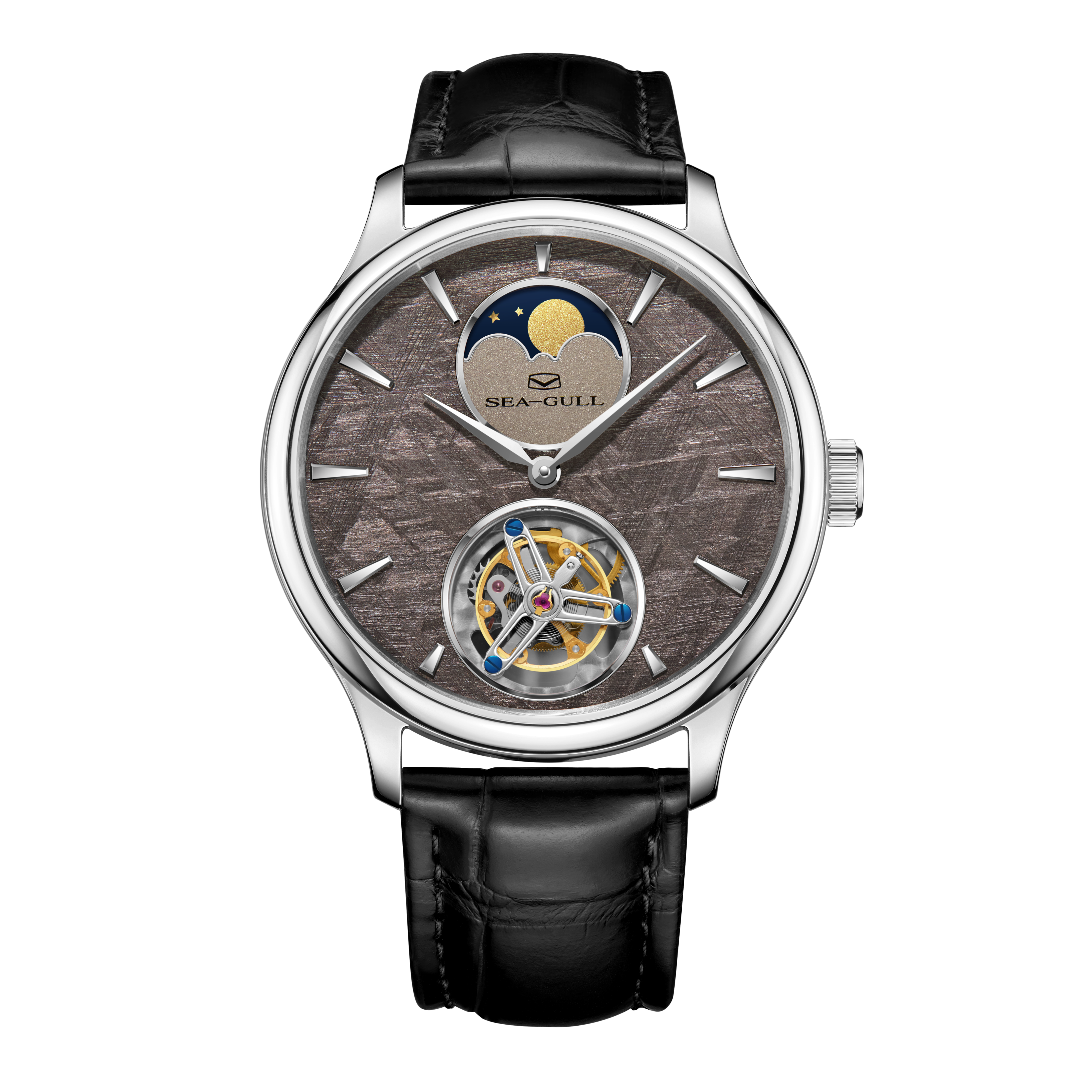 Sea-Gull men's mechanical tourbillon watch with meteorite dial and moon phase, silver stainless steel case, black leather strap