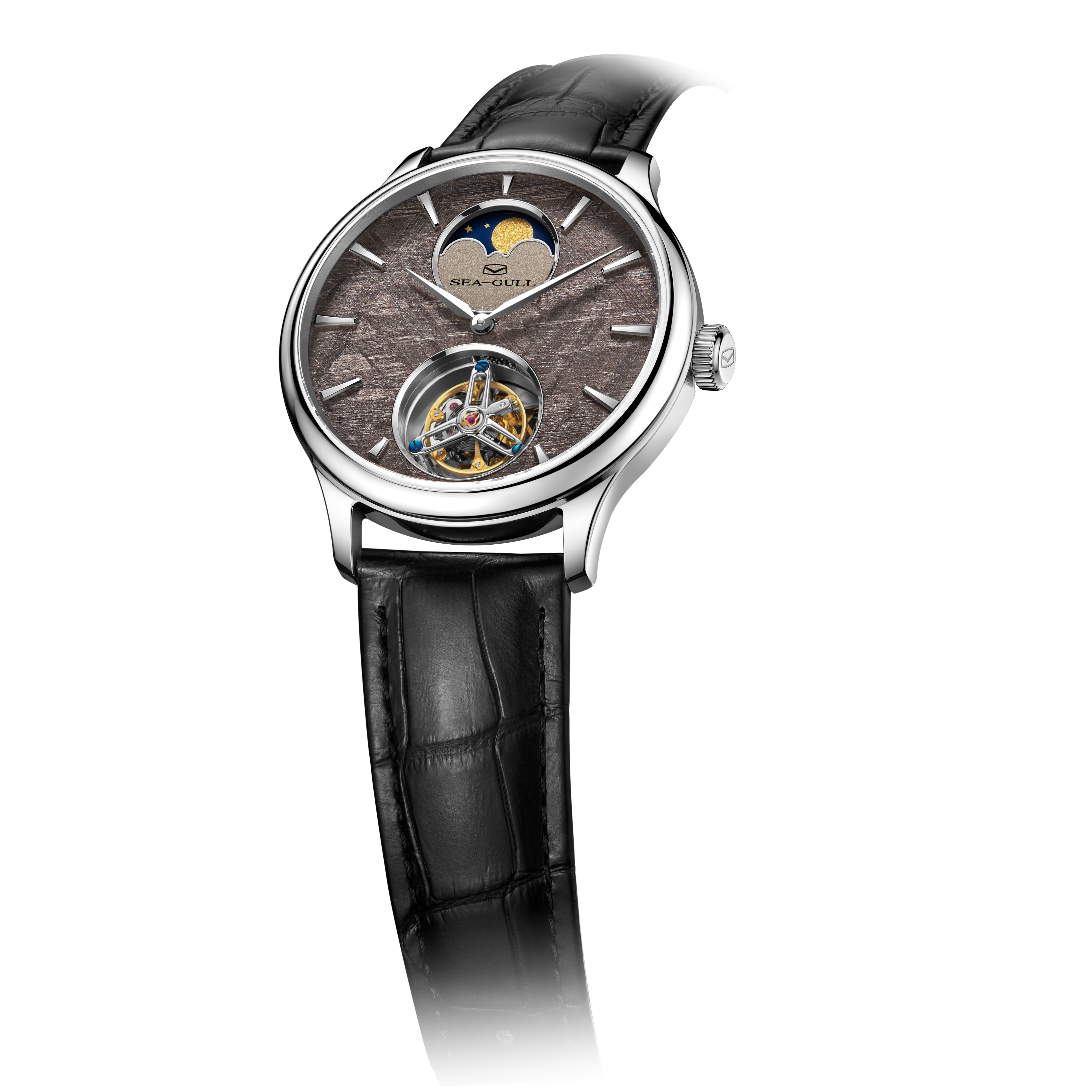 Sea-Gull men's mechanical tourbillon watch with meteorite dial and moon phase, silver stainless steel case, black leather strap