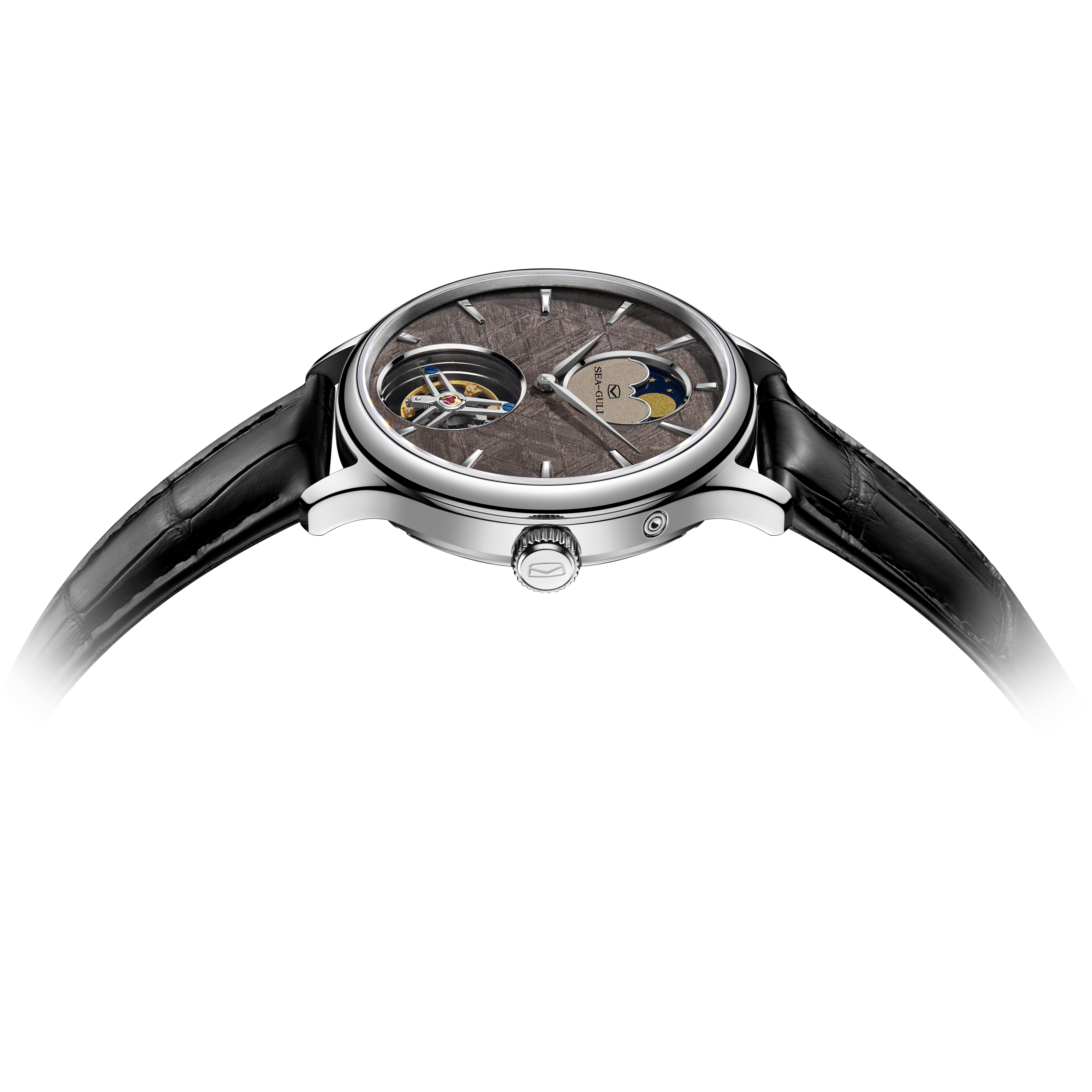 Sea-Gull men's mechanical tourbillon watch with meteorite dial and moon phase, silver stainless steel case, black leather strap Side view