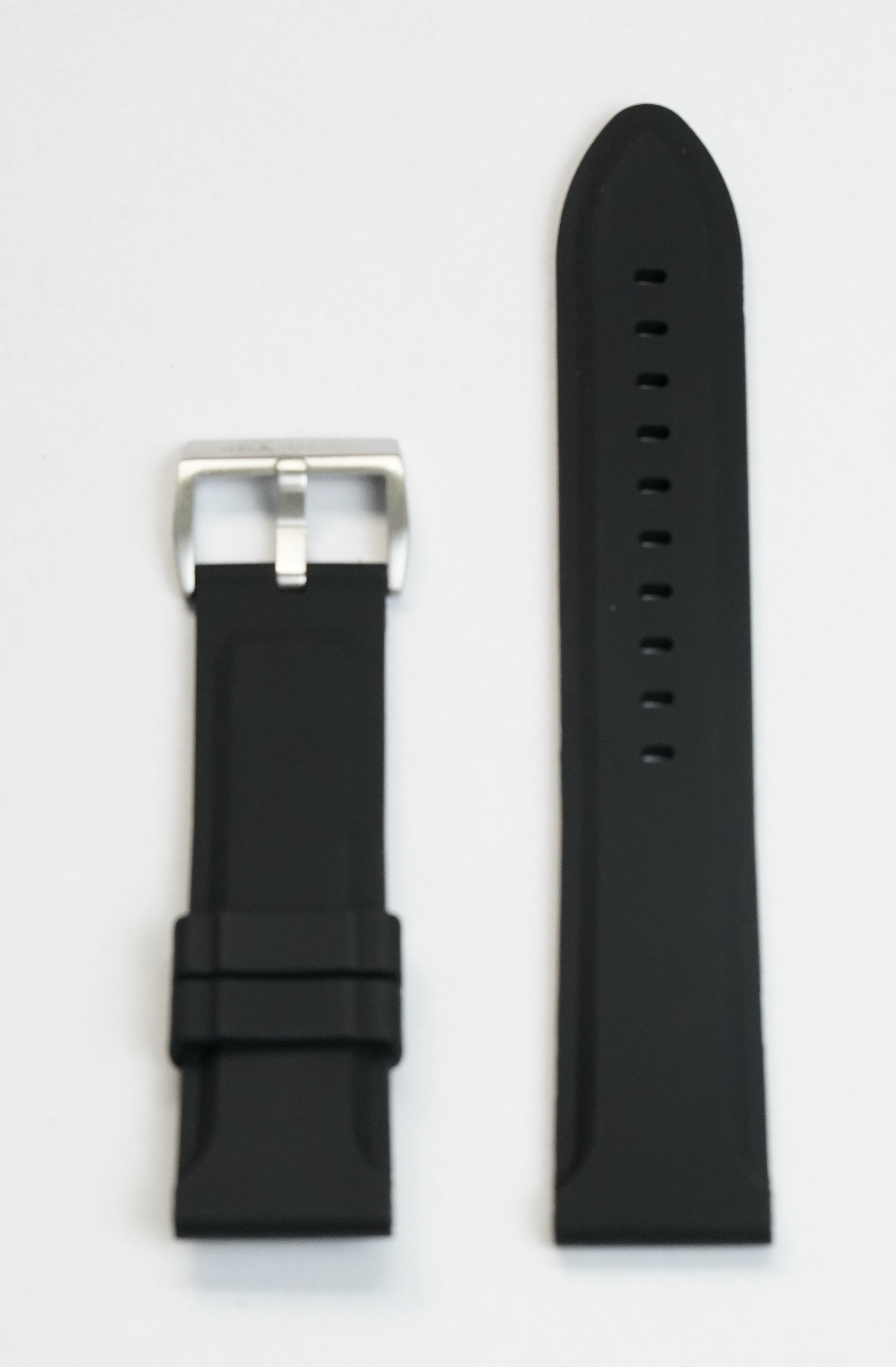 Black watch strap with silver buckle on a white background