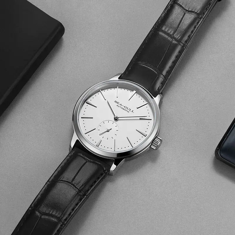 SEA-GULL 2022 Orologio Automatico da Uomo Con Piccola Lancetta dei Secondi, Cinturino in Pelle 6075, Quadrante Bianco/Lunetta Dorata SEA-GULL 2022 Orologio Automatico da Uomo Con Piccola Lancetta dei Secondi, Cinturino in Pelle 6075, Quadrante Bianco/Lunetta Dorata